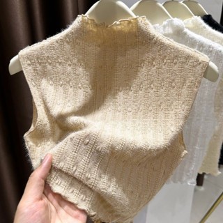 2024 Nấm Cạnh Ren Áo Vest Nữ Bên Trong Mặc Thu Đông Mềm Mại Sáp Chải Không Tay Đáy Áo Sơ Mi Ngắn Cổ Giả Nửa Cổ Cao