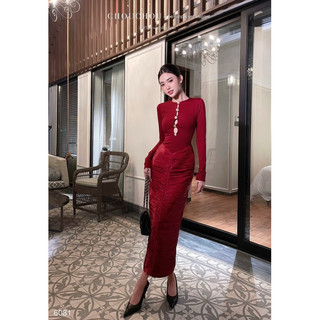 [Ảnh thật cam thường hình cuối] Đầm Body Xếp Nút Chouchou - Đỏ