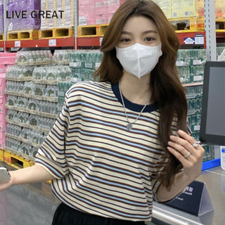 Áo thun nữ LIVE GREA Mùa hè phong cách Hàn Quốc tương phản dáng rộng cổ tròn giảm tuổi sọc ngắn tay thường ngày