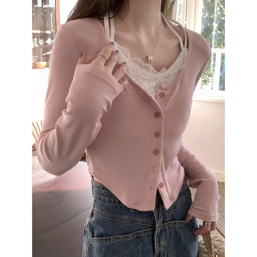 Áo coquette tay dài Áo Kiểu Nữ Áo ôm body Mới Slim-fit Girl Giả Hai Mảnh Khâu Tay Dài