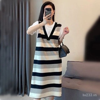 [Plus Size] (40 ~ 150kg) Khâu Váy sọc hai mảnh giả mùa hè Vỏ rộng bụng mỏng hơn trông ngắn tay GKXD