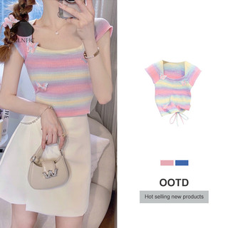 Crlnhc Áo Crop Top nữ mùa hè nhiều màu sắc sọc bướm cổ vuông tay ngắn Áo thun dệt kim mỏng vn