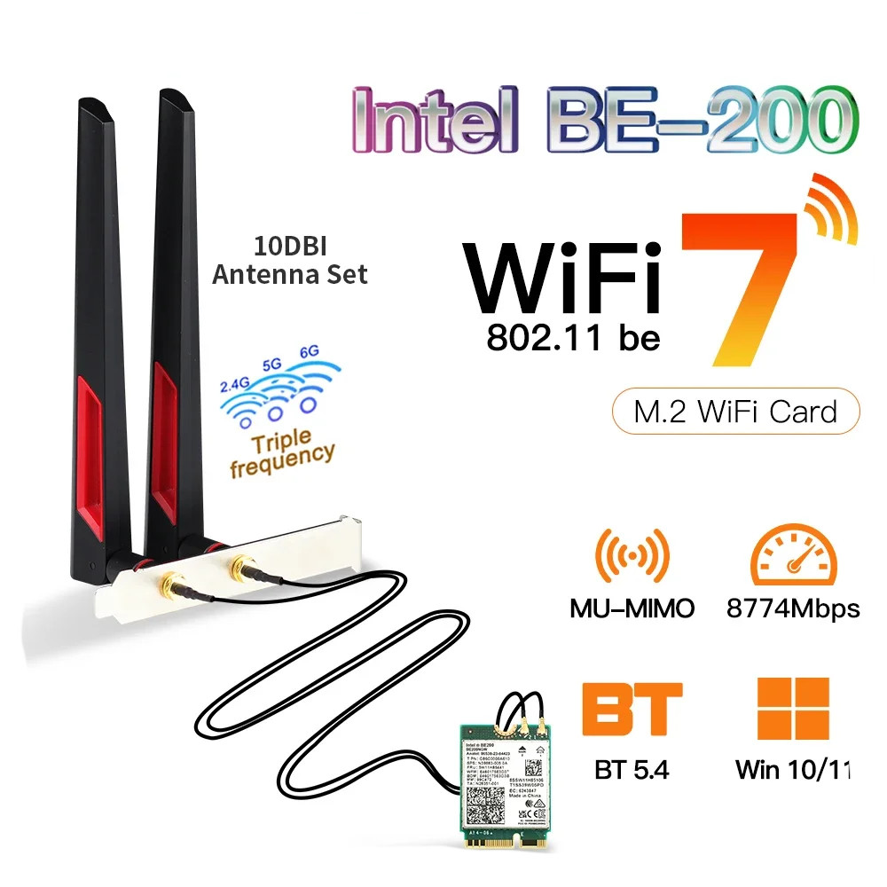 Bộ chuyển đổi mạng BE200 WiFi7 Bluetooth 5.4 Ba băng tần 2.4G / 5G / 6GHz M.2 Bộ chuyển đổi không dâ