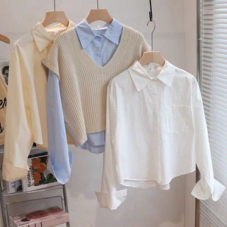 Áo Sơ Mi Ngắn Mùa Xuân Nữ Phong Cách Mới Nhỏ Bên Trong Lớp Áo Sơ Mi Học Sinh Dài Tay Niche Trắng