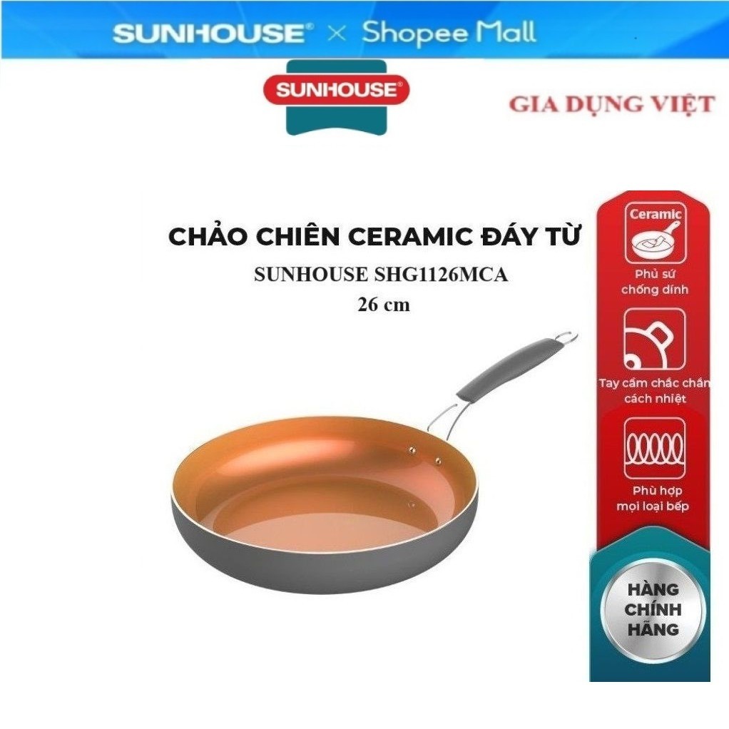 Chảo chiên Ceramic đáy từ SUNHOUSE SHG1126MCA, SHG1128MCA, SHG1130MCA, Phủ sứ chống dính, Tay cầm in