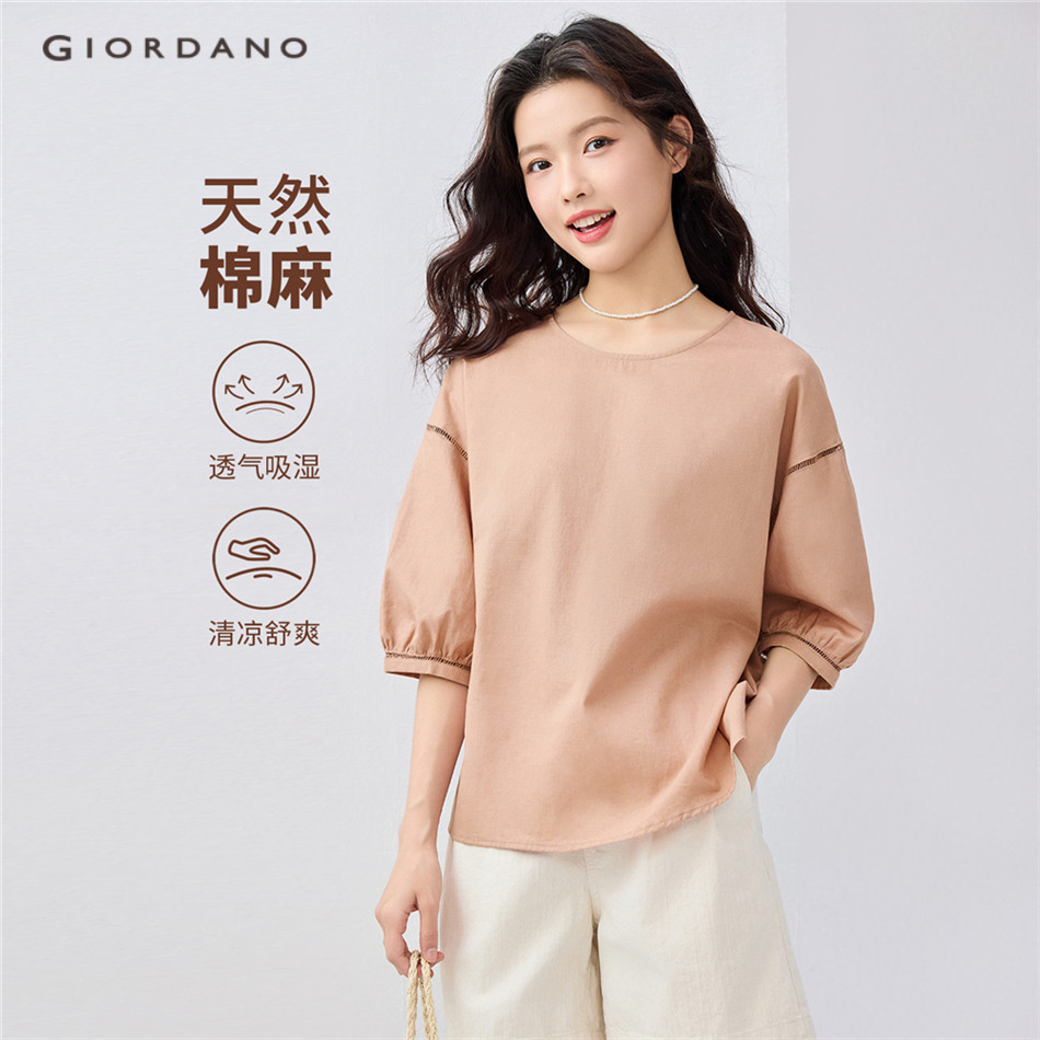 GIORDANO WOMEN Linen cotton hollow strap elbow sleeve blouse 05345462
