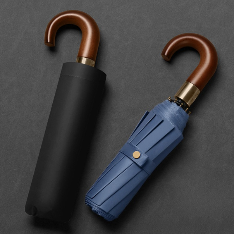 Ô Gấp Tự Động Chống Gió Mạnh 10 Gân, Ô Chống Tia UV Người Phụ Nữ, Ô Golf Lớn Tay Cầm Bằng Gỗ