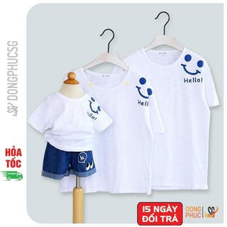 Áo gia đình Hello đồ đồng phục gia đình thun mềm mịn màu trắng đủ size bé trai gái GD324T DONGPHUCSG