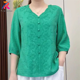 Ruidiandian Áo Sơ Mi Nữ Quá Khổ Thêu Vintage Thanh Lịch Áo Sơ Mi Nữ Mùa Hè Mới Chắc Chắn Rời Nữ Cotton Vải Lanh Áo
