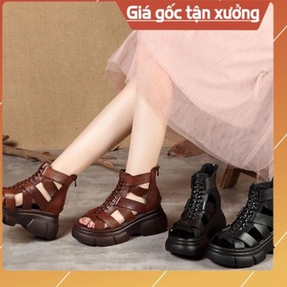 Dép nữ đế dày mùa hè 2024 phong cách mới retro handmade da đế dày dép nữ cao gót rỗng da mềm giày sandal nêm-