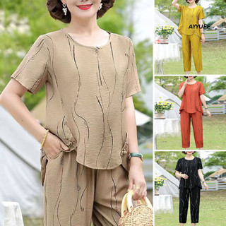 Ayyufe 2 Cái / bộ Cổ Tròn Tay Ngắn Không Đều Viền Co Giãn Dây Thắt Lưng Túi Top Bộ Quần Nữ Trung Niên In Hình Quần Harem Ống Rộng Trang Phục