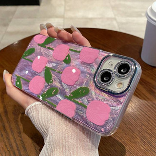 Phim bảo vệ ống kính kim cương Shinning Ốp lưng cứng Vỏ điện thoại IPhone 11 12 13 14 15 Pro Max 15prm 14prm 13prm 12prm Thời trang nữ Hoạt hình dễ thương Hoa Tulip hồng