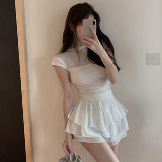 Áo thun ngắn tay chắp vá lưới thời trang màu trơn cổ cao vừa vặn