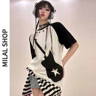 Áo thun ngắn tay dáng rộng chắp vá Cotton cổ điển dành cho nữ