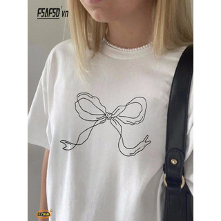 Retro Nguyên Chất Cotton Ngắn Tay Phong Cách Mới Áo Thun Rời Nơ In Mùa Hè