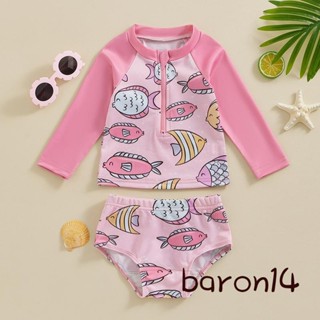 Bộ bảo vệ phát ban cho bé gái Bộ đồ bơi 2 mảnh khô nhanh Bảo vệ phát ban Cá / Vỏ in dây kéo dài tay Áo đáy Bộ đồ tắm