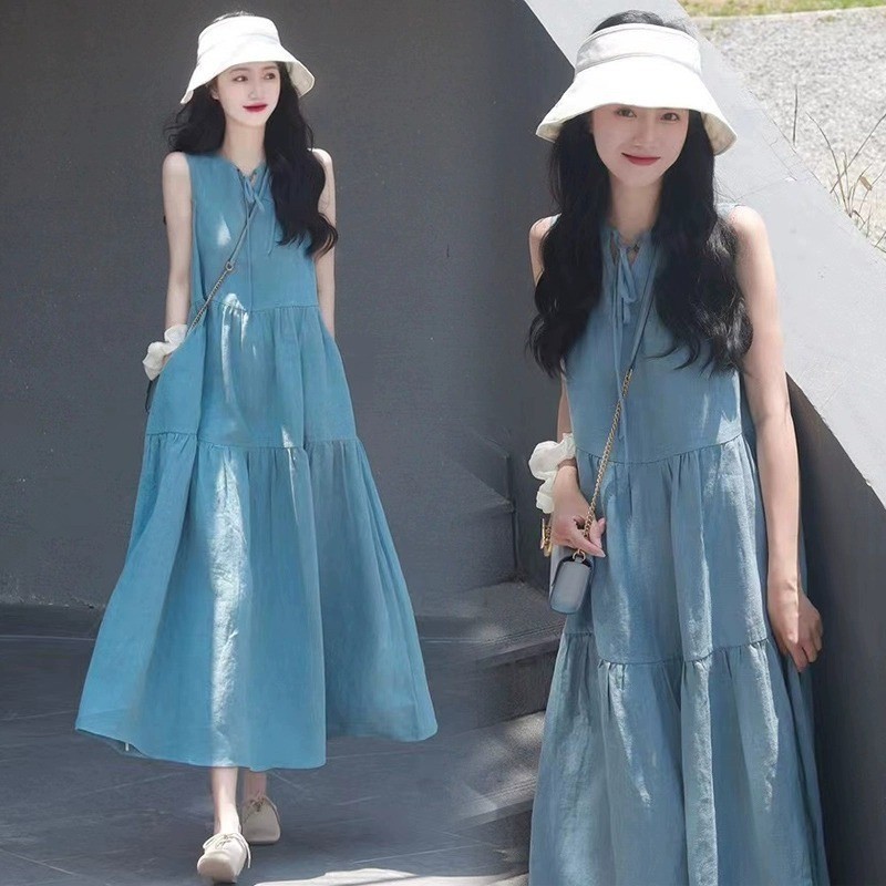 Michley Trang phục bà bầu mùa hè mới váy cổ chữ V màu xanh không tay phong cách thời trang