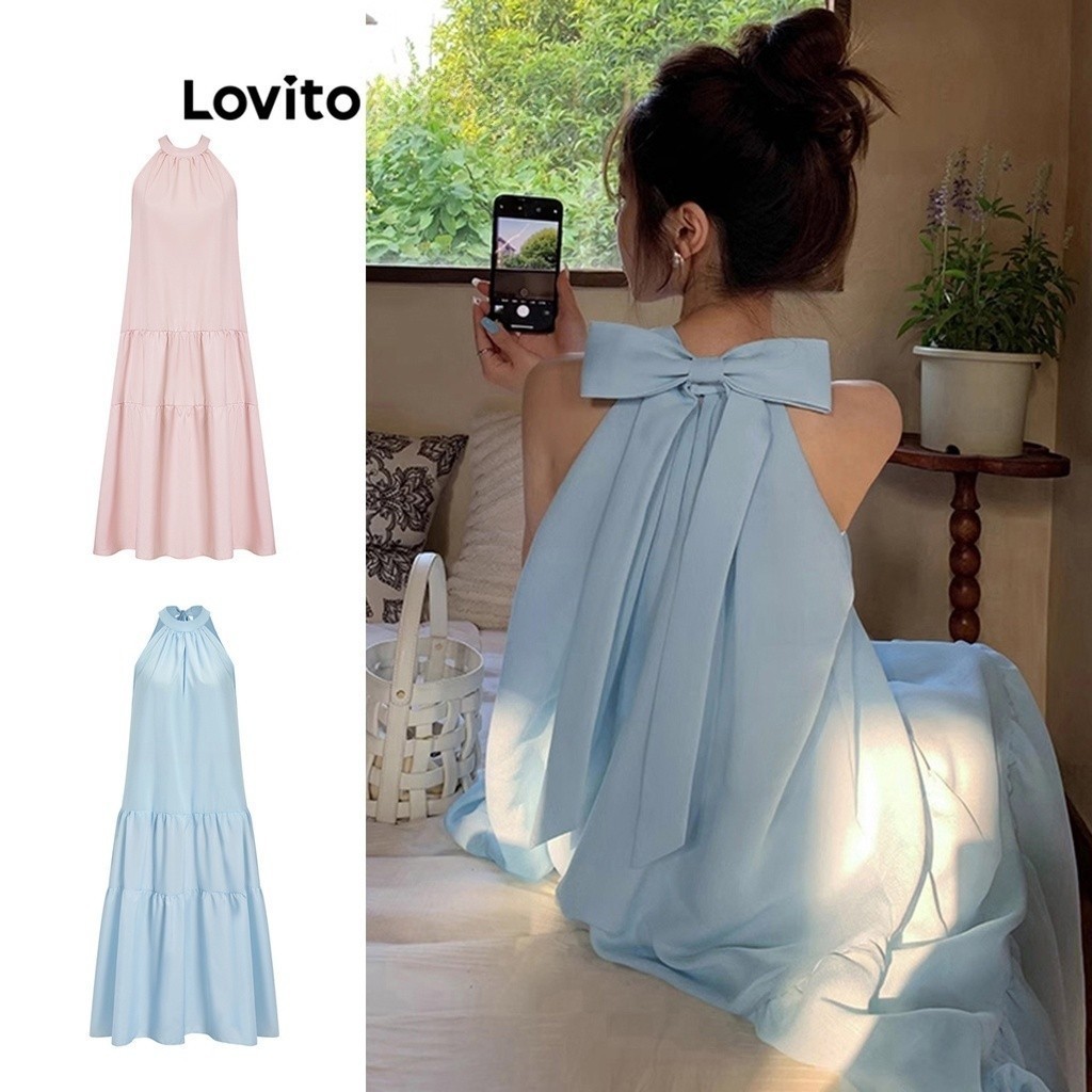 Đầm maxi Lovito dài đính nơ sau lưng màu trơn thường ngày cho nữ L61AD081 (Màu xanh dương) | BigBuy360 - bigbuy360.vn