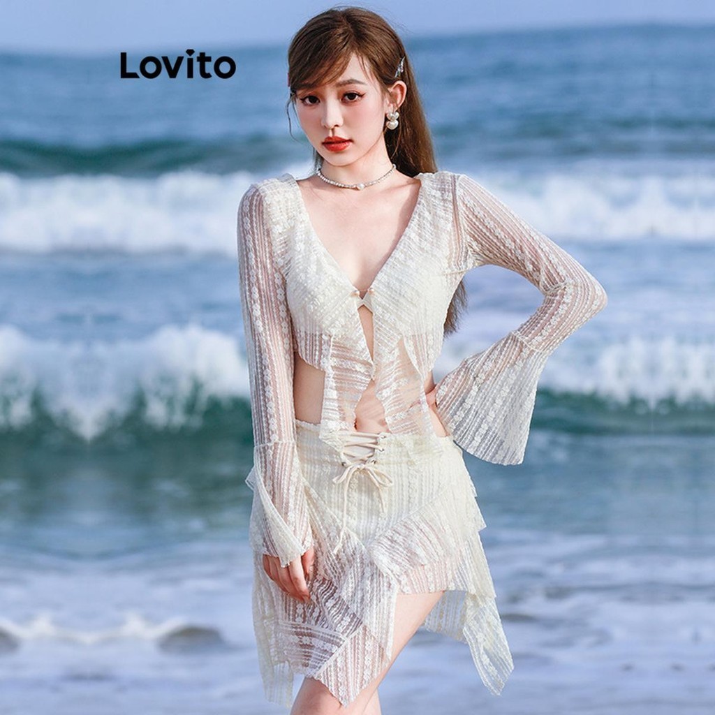 Lovito Bộ bikini ren trơn thông thường dành cho nữ LNA53190