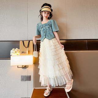 Quần Áo Bé Gái Mùa Hè Áo Sơ Mi Denim Tay Ngắn + Bánh Váy Dài Bộ Đồ Hai Mảnh 5-14 Tuổi