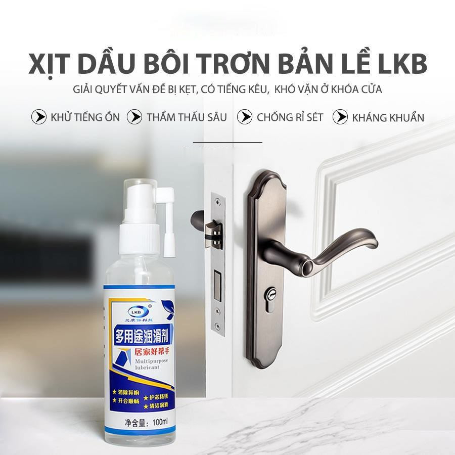 Chai Xịt Dầu Bôi Trơn Đa Năng LKB 100ml - Giảm tiếng ồn, ngăn chặn rỉ sét cửa, ổ khóa, bánh xe, ray trượt, khớp nối