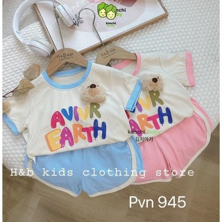 Đồ Bộ Cộc Tay Bé Gái KIMCHIBABY Vải Thun Tăm AVIVUR EARTH Đính Gấu, Bộ Quần Áo Cho Bé Mặc Hè CK439
