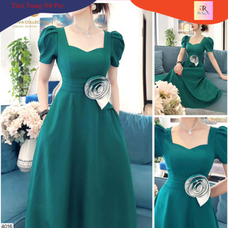 V4016 Váy đầm xanh xòe nữ công sở [Dolce Viva Colection (DVC)] váy xanh cổ tim đính hoa eo dự tiệc