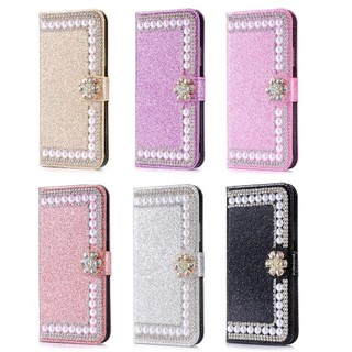 Thời Trang Sang Trọng Bling Kim Cương Giả Ngọc Trai Khe Cắm Thẻ Ví Lật Da Thích Hợp Cho iphone 15 14 13 12 11 Pro MAX X