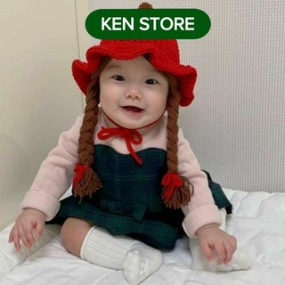 Nón mũ len mềm Táo Đỏ kèm bím tóc giả cho bé (4-8 tháng) KEN STORE