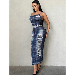 Mông Âu Mỹ Phong Cách Slim-fit Đầm Gợi Cảm Dây Denim Váy Dài TCOX