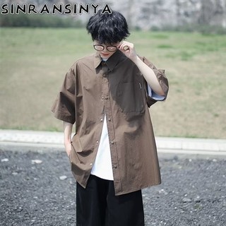 Sinransinya Áo Sơ Mi Tay Ngắn Màu Trơn Cổ Polo Phối Túi Đơn Giản Phong Cách Retro Nhật Bản Cao Cấp Trẻ Trung Dành Cho Nam
