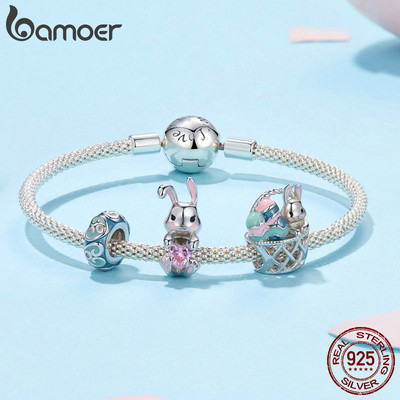 Bamoer 925 Sterling Sliver Charm Phục Sinh Trứng May Mắn Thỏ Trứng Mặt Dây Chuyền Phụ Kiện Series Cho Vòng Tay