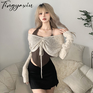 Tingyaxiu Nữ Hot Girl Gợi Cảm Áo Dài Tay Áo Lưng Mỏng Đơn Giản Ngắn Tay Áo Thun Phù Hợp Với