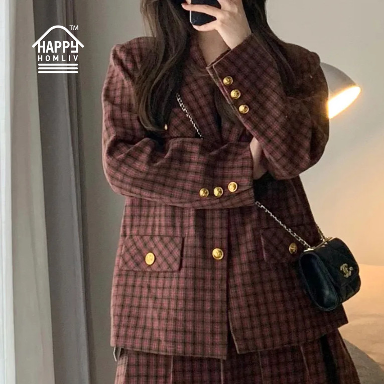 HAPPY HOMLIV Bộ Áo Khoác Vest + Chân Váy Xếp Ly Lưng Cao Phong Cách Preppy Cổ Điển Thời Trang Cho Nữ