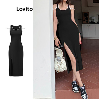 Đầm Lovito cắt xẻ ghép nối màu trơn thường ngày cho nữ L80ED278