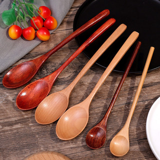 Muỗng Gỗ Nấu Ăn Tay Cầm Dài - Bộ Đồ Ăn Di Động - Thìa Canh Tay Cầm Mỏng Đầu Tròn - Phong Cách Nhật Bản Tối Giản - Thìa Nhọn - Thìa Tráng Miệng