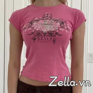 Áo thun nữ tay ngắn Y2K In cổ tròn cổ điển lộ rốn Slim Fit Áo dạo phố thông thường