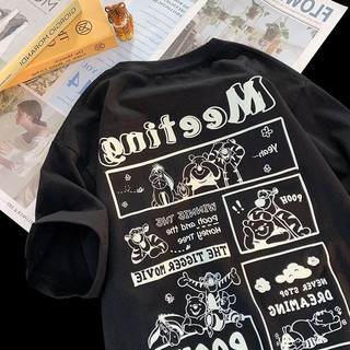 Mùa hè 2024 Extra Large M-3XL Đơn giản và đa năng Áo thun ngắn tay dáng rộng mới dành cho cặp đôi, Cô gái hoạt hình, In chữ, Thời trang giản dị Chiều dài vừa phải Tay ngắn, Trắng / Đen