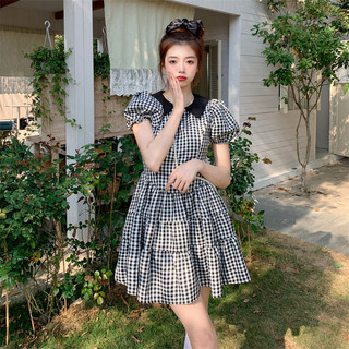 Váy công chúa tay ngắn kẻ sọc trắng đen mùa hè kiểu Pháp Retro nữ Váy ngắn chữ A