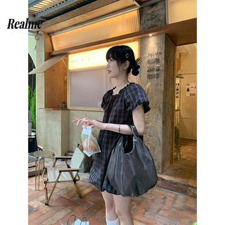 Puff Tay Hoa Bud Dress 2024 Phong Cách Mới Nữ Mùa Hè Kẻ Sọc Nấm Cạnh Váy Ngắn