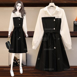 Váy đầm nữ Bigsize Đầm sơ mi form rộng tay dài có cổ mùa xuân Phong cách Hàn Quốc Thời Trang đẹp