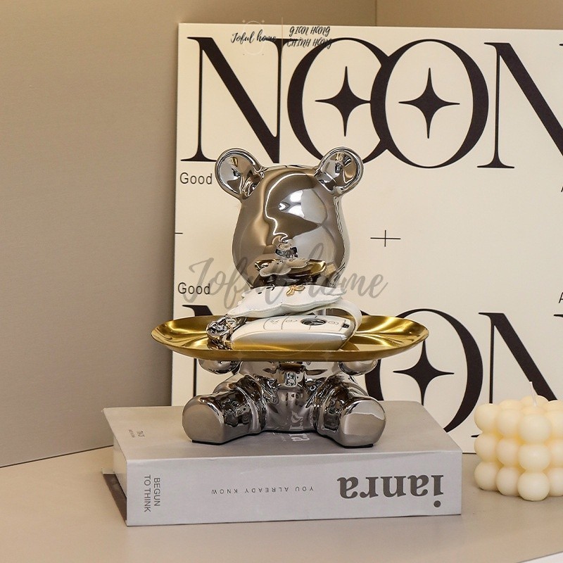Tượng Gấu sứ bê khay ống heo đa năng bằng sứ cao 19cm vàng bạc decor nhà đựng chìa khóa làm quà tặng