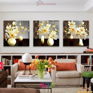 Tranh đính đá, tranh thêu chữ thập hoa mộc lan bộ 3 bức tranh ngọc thịnh