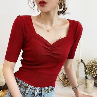 Mùa hè, phong cách Hàn Quốc, cổ vuông, áo thun nữ, lụa băng, đa năng, áo len, gợi cảm, ngắn, phong cách Hồng Kông, bó sát, áo, tay ngắn EWFX