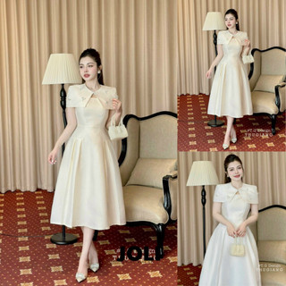 Set váy xòe trùm mix nơ vai phong cách tiểu thư,Váy đầm dự tiệc cổ tròn siêu sang chảnh