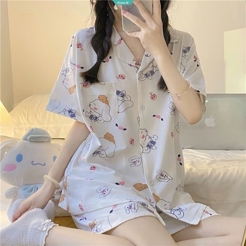 Cinnamoroll Hệ Thống Nhật Bản Bộ Đồ Ngủ Nữ Mùa Hè Ins Quần Short Tay Ngắn Ngọt Ngào Mềm Mại Em Gái Hoạt Hình Dễ Thương Cardigan Rời Homewear Suit [GM]