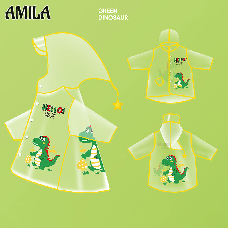 Amila Khủng Long Nhỏ Áo Mưa Trẻ Em Hoạt Hình EVA Trường Tiểu Học Mẫu Giáo Mũ Chống Thấm Nước Vành Mưa Poncho Mưa Bánh Răng