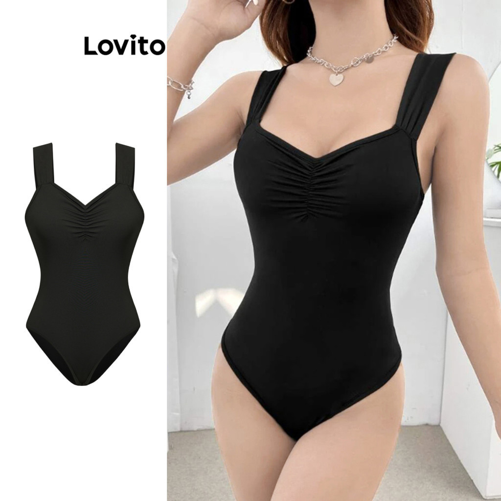 Lovito Bộ đồ liền thân xếp nếp trơn đơn giản cho nữ L80ED184