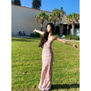 Hành quân | Châu Âu Mỹ Mùa Hè Tươi Hoa Váy Pure Desire Hot Girl Gợi Cảm Cổ Chữ v Sling Dài Kỳ Nghỉ Phong Cách Đầm Nữ Mùa Hè