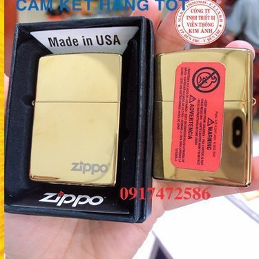 Vỏ Zippo màu vàng loại trơn bóng CÓ LOGO, hàng cao cấp vỏ bằng đồng có dán tem đỏ